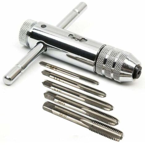 Clé à taraud en forme de T – Acier allié chromé – 5 tarauds M3-M8 – Action cliquet rapide – Pour usinage précis