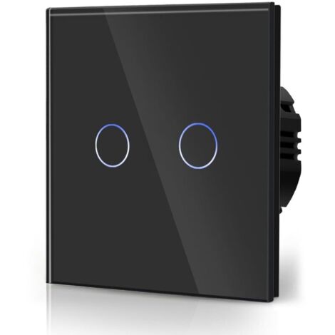 Interrupteur Tactile Normal Commutateur d'éclairage Mural Compatible avec la lumière LED Écran Tactile en Verre 110V-240V Plaque de Cristal Trempé avec Rétroéclairage Bouton 2 Gang 2 Voie Noir (1/5)