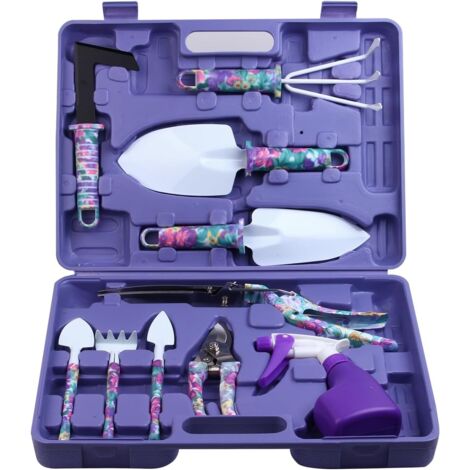 Cet ensemble de 10 outils de jardinage présente un motif floral et des poignées ergonomiques. Il comprend une pelle, un râteau, un désherbeur, un sécateur et un pulvérisateur. (1/5)