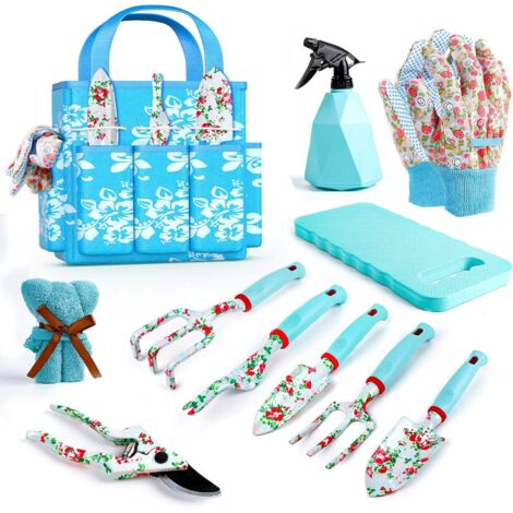 Coffret cadeau de jardinage pour femme - Outils de jardinage fleuris avec sac fourre-tout - Cadeau idéal pour maman, petite amie ou toute autre femme - Anniversaire, Noël (Bleu)