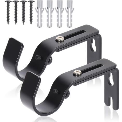 Supports de tringle à rideaux haut de gamme pour fixation murale - Crochets réglables, supports en fer pour tringle de 2,5 cm de diamètre - Noir (2 pièces)