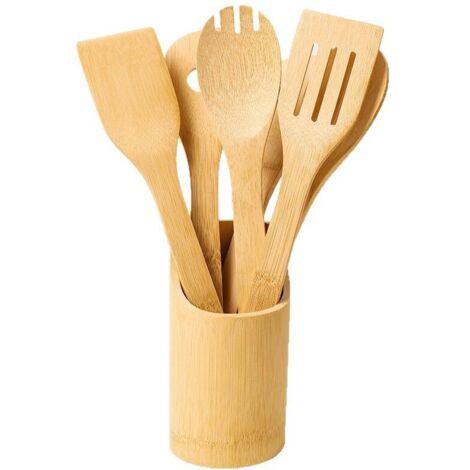 Ensemble de 6 ustensiles en bambou avec support, cuillère, spatule et outils