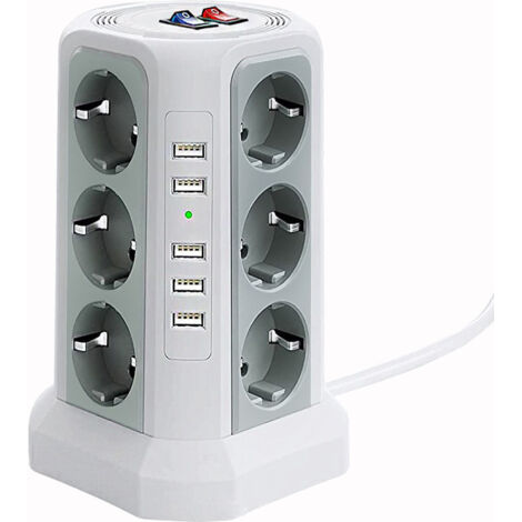 Tour multiprise parafoudre et surtension, Multiprise Electrique avec 5 Ports USB et 12 Prises, multiprise avec et 3 Interrupteurs, Blanc (1/3)