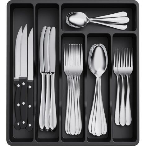 Organisateur de couverts en plastique pour tiroir – Boîte de rangement avec couvercle transparent – 6 compartiments – Dimensions 32x30x5,4 cmnoir (1/5)