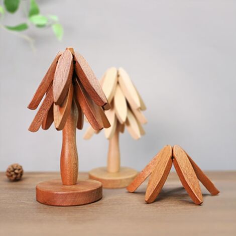 Ensemble de 3 dessous de plat pliables en bois en forme d'arbre, parfaits pour décorer votre table de cuisine et poser vos casseroles et poêles chaudes. (1/5)