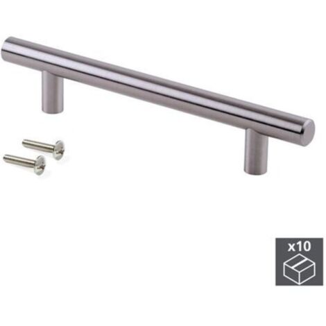 Lot de 10 poignées de meuble L200mm – Entraxe 128mm – Acier nickel satiné – Installation horizontale ou verticale (1/5)