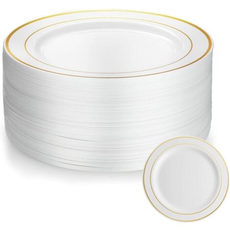 50 Pièces Assiette 7 pouces Assiette Plastique Reutilisable Avec Bordure Dorée Assiettes en Plastique Blanc Assiettes pour Mariages (1/4)