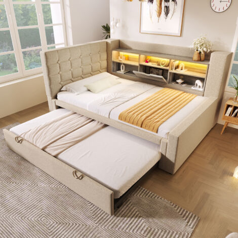 Lit Superposé avec Lit Gigogne 90x200 cm - Tête de Lit en L Rangement, Éclairage LED et Sommier à Lattes - Lin Beige (Sans Matelas) (1/5)