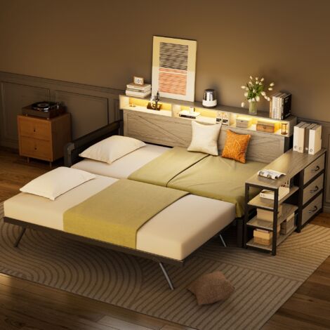 Canapé-Lit Métallique 90x200 cm - Avec 3 Tiroirs, Lit Gigogne Réglable, LED et Port USB - Noir