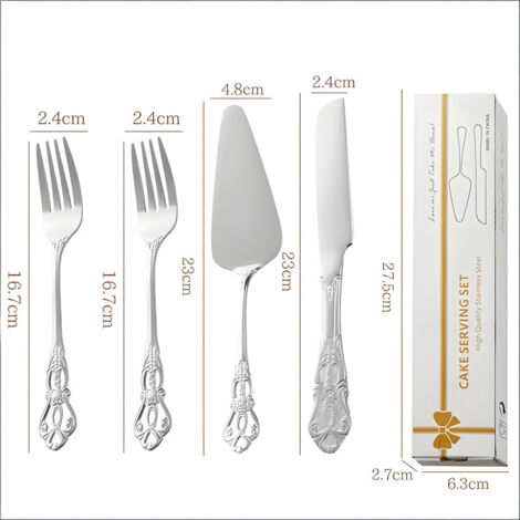 Service à Dessert 4 Pièces en Inox Style Baroque – Avec Spatule à Gâteau et Couteau à Pizza, Design Relief Haut de Gamme, Argenté – Idée Cadeau