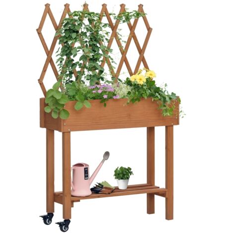Lit Surélevé avec Treillis Intégré – Étagère de Rangement, Roulettes – Bois Massif – 79 x 29 x 130 cm – Marron (1/5)