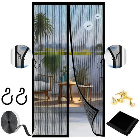 Moustiquaire Magnétique pour Porte et Fenêtre 90x250cm– Maille Ultra Fine et Très Dense, Aimants Puissants, Fermeture Automatique, Version avec Crochets – Noir (1/5)