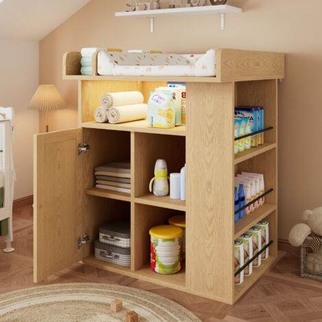 Table à Langer en Bois – Éclairage LED Réglable, Grand Rangement, Rangement Latéral – Naturel