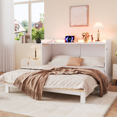 Lit Escamotable 140x200 cm – Tiroirs Rangement, Port USB, Prise, Bande LED, Plateau Brillant – Blanc – Sans Matelas (1/5)