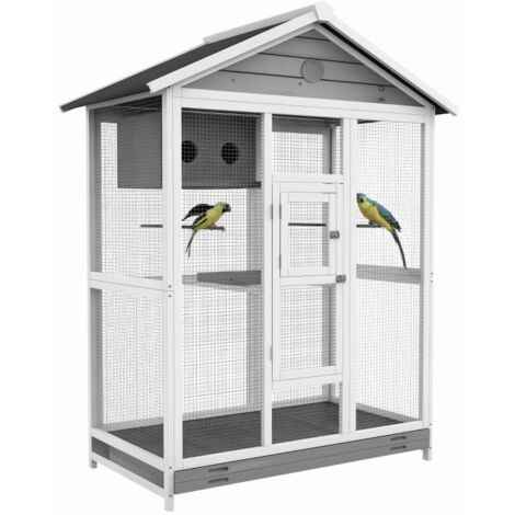 Cage à Oiseaux en Bois – 4 Perchoirs, Toit Asphalte Étanche – 112 x 68 x 154 cm – Gris (1/5)