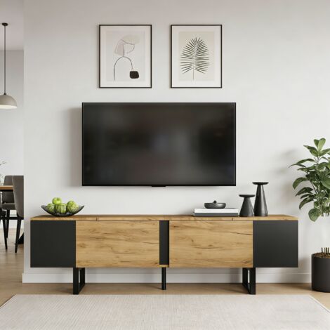 Meuble TV Bas 180 x 40 x 55 cm – 2 Placards, Rangements Latéraux – Pour TV jusqu’à 75 Pouces – Naturel (1/5)
