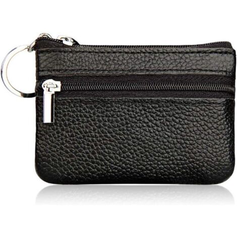 Mini portefeuille zippé minimaliste en cuir pour femme avec porte-clés (noir) (1/2)