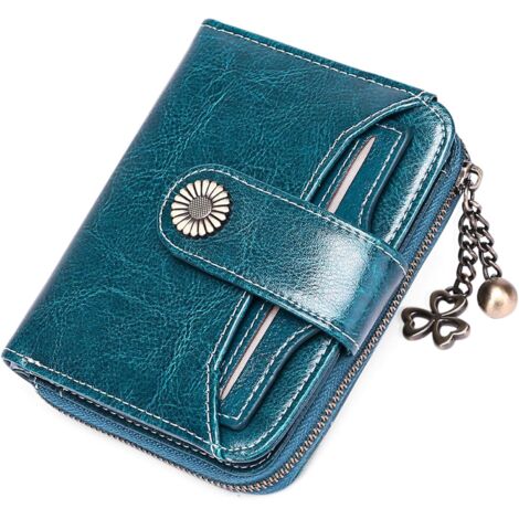 Petit portefeuille compact en cuir pour femme avec protection RFID (bleu)