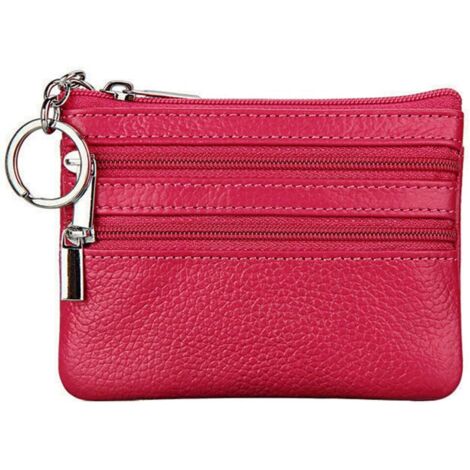 Porte-monnaie court en cuir avec porte-clés (rose rouge) (1/3)