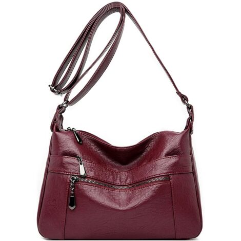 Sac à main multi-poches en cuir pour femme avec bandoulière réglable (bordeaux)