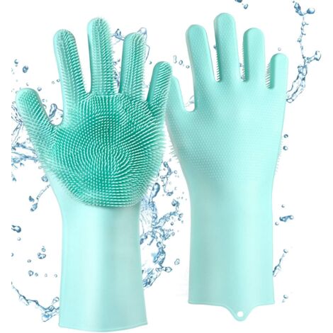Gants en Silicone avec Brosse de Nettoyag, Sharp Réutilisables Gants Magiques Vaisselle pour Lavage, Vaisselle, Nettoyage, Cuisine, Ménage (BLUE) (1/5)