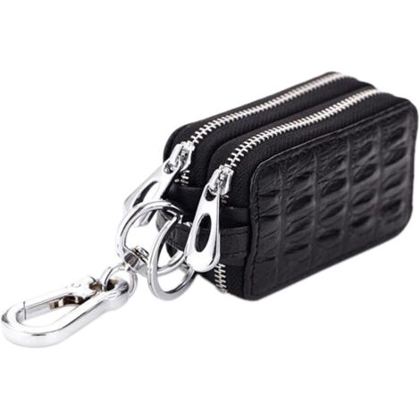 Porte-clés zippé en cuir fait à la main (noir) (1/3)