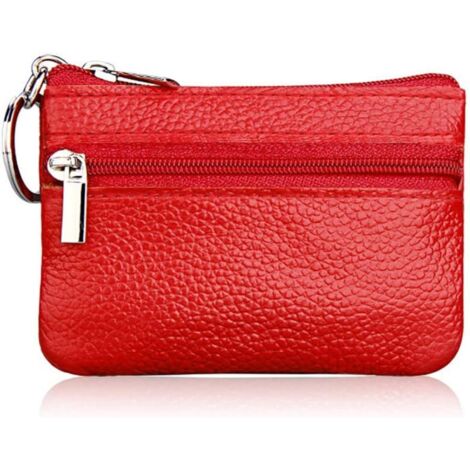Mini portefeuille zippé minimaliste en cuir pour femme avec porte-clés (rouge) (1/2)