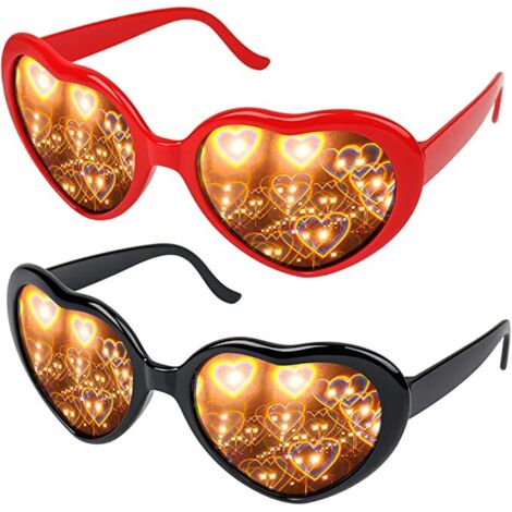 Lunettes à effet de coeur, 2 pièces 3D lunettes de coeur lunettes de diffraction pour déguisements musique bar de fête en plein air feux d'artifice (noir et rouge) (1/4)