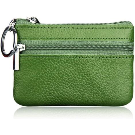 Mini portefeuille zippé minimaliste en cuir pour femme avec porte-clés (vert) (1/2)