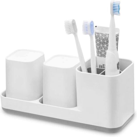 Porte-Brosse à Dents, Support Brosse à Dents pour la Brosse à Dents et la pâte Dentifrice, Gobelets à Dents, 2 Tasses à Dents de Salle de Bain, Plastique, Blanc (1/5)