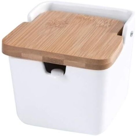 Pot à épices Pot à épices carré en céramique Porte-épices avec couvercle en bambou cuillère (blanc) (1/3)