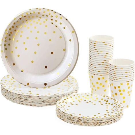 Lot Gobelets et Assiettes Jetables, 90 pièces Vaisselle Carton Jetable 30 Goblets en Papier + 30 Assiettes à Dessert + 30 Grandes Assiettes pour Anniversaire Fêtes avec Motif doré (90 pcs-1) (1/4)