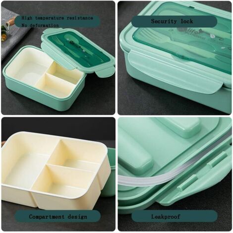 Bote à Déjeuner, en Plastique, Bote à Repas Vert avec Trois Compartiments et des Couverts (Fourchette et cuillère), Bote à Bento pour Enfants et Adultes (1/3)