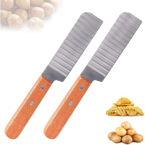 2 Couteau à Pommes De Terre Couper Les Frites avec Antidérapante Poignée en Bois Acier Inoxydable Couteau Légumes Ondulé pour Cuisine Frites Outil