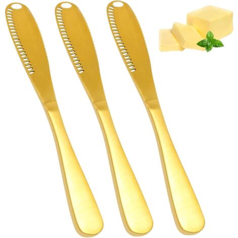 3 pièces Couteau à beurre en acier inoxydable multifonction 3 en 1 couteau à beurre et couteau à beurre avec bord dentelé pour couper les légumes les fruits le fromage 205 25mm/8.11 inch(D'or) (1/5)