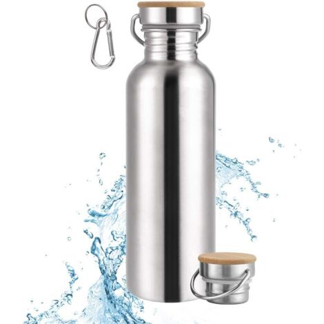 Gourde avec Mousqueton, Bouteille d'eau écologique sans BPA en Acier Inoxydable avec Bouchon en Bois et Gourde Sport pour (1/5)