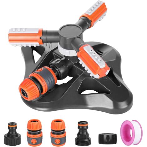 Arroseur de Jardin,Système d'Irrigation d’arrosage,3 Têtes 360 Degrées Arrosage Irrigation pour Gazon Pelouse Jardin, Facile de Raccordements de Tuyaux (Orange) (1/5)