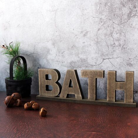 Signe de Mots en Bois Vintage Rustique Bath, décoration de Salle de Bain/Mur à la Maison/Porte (Naturel 1) (1/5)