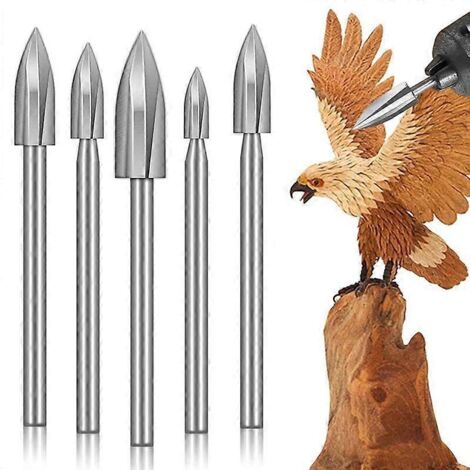 Lot de 5 forets de sculpture sur bois, tige de 3,17 mm (1/8 pouce), accessoires pour outils rotatifs, forets diamantés pour le travail du bois (bricolage). (1/5)