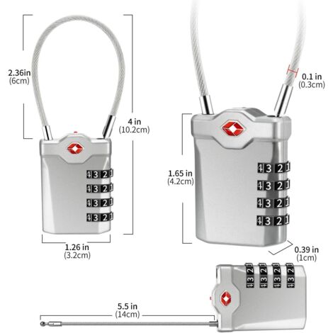 Code 4 Chiffres Cadenas Bagage pour Valise Voyage Cadenas Casier Collège avec Fonction d'alerte Bagages Ouverts et Cable en Acier (Argent)-1 article (1/4)