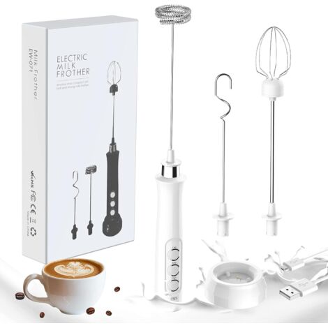 Mousseur à Lait, Machine à Mousse électrique Portative, Mélangeur de Boisson 3 en 1, Station de Chargement USB avec 3 Fouets en Acier Inoxydable pour Café, Lait et Cuisine Blanc (1/4)