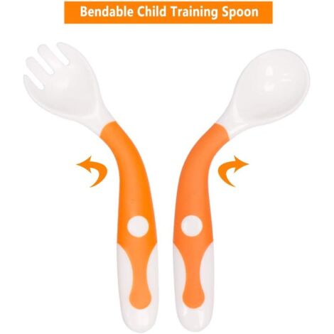 Ustensiles De Bébé Cuillères Fourches Toddler Bébés Enfants Alimentation Cuillère D'entranement Easy Grip Pliable Parfait Auto-Alimentation Cuillères D'apprentissage(1 paire orange) (1/3)