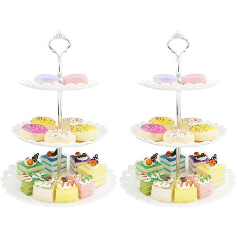 Argent Blanc Présentoir à Gateaux Plastique 3-Etages Stand de Gateaux Support Cupcake Dessert pour Thé de L'après-midi Mariage Fête Soirée Anniversaire-Grand (Lot de 2) (1/5)