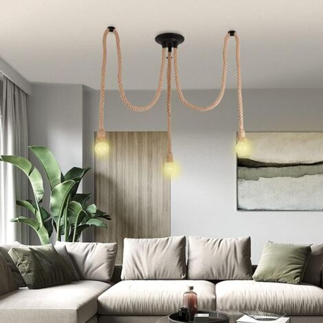 Suspension vintage en corde de chanvre - Lumière pendante industrielle à Flammes-Style campagnard - Pour salle à manger, couloir, bar, restaurant, café (3 lights -B) (1/5)