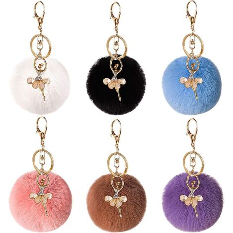 6 pièces porte-clés en peluche, strass ballerine avec pendentif de poche boule en peluche porte-clés en fourrure de lapin pendentif porte-clés (1/5)