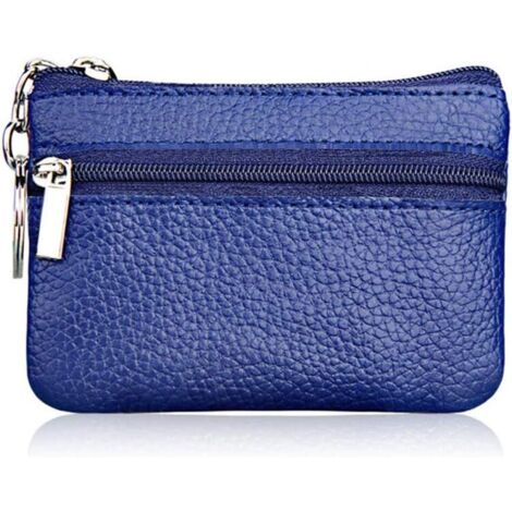 Mini portefeuille zippé minimaliste en cuir pour femme avec porte-clés (bleu), (1/2)