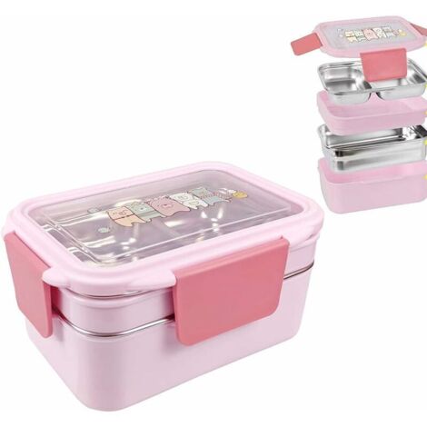 Lunch Box Bento Boîte.Deux niveaux enfants boîte à lunch boîte à bento boîtes de rangement en acier inoxydable contenant des aliments avec cuillère pour enfants enfants adultes bureau école de camping (1/5)