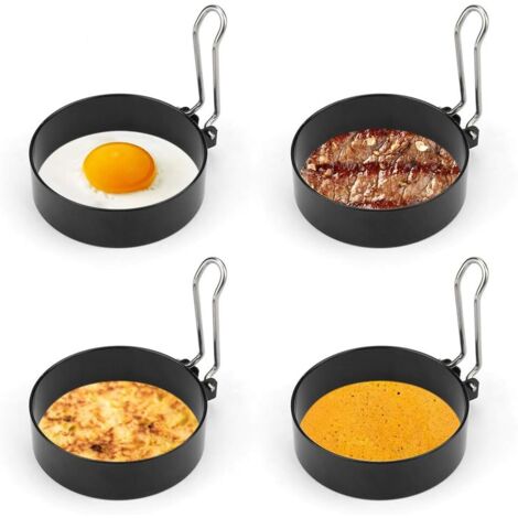 Anneaux à ufs en acier Inoxydable, 4Pcs Anneaux à ufs Antiadhésifs avec Poignées Pliantes, Anneaux de Braconnage de 7,5 cm / 2,95 pouces pour les ufs frits Crumpets Beefsteak etc, Noir, (1/4)