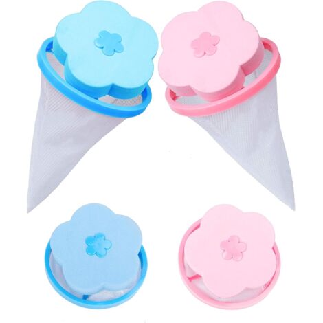 Sac filtrant filtrant en maille Récupérateur de charpie flottant réutilisable Épilateur de poils d'animaux Sac à linge Filtre à cheveux en forme de fleur Sac en maille pour machine à laver Bleu et ros (1/5)