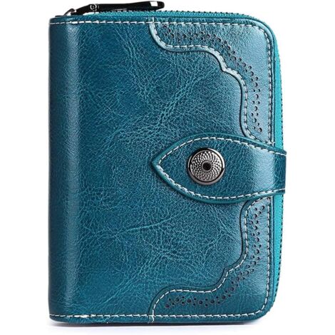 Petit portefeuille femme en cuir à deux volets avec blocage RFID (bleu),